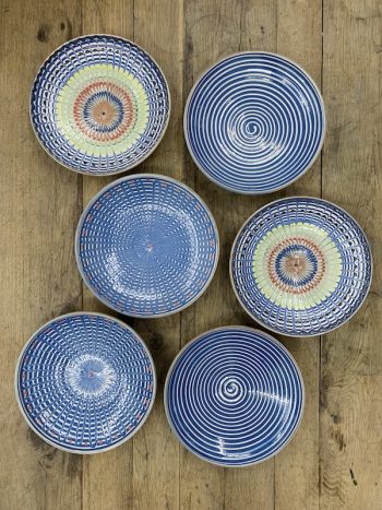 6 x plates, colorful blue summer peacock mix from Horezu, Romania